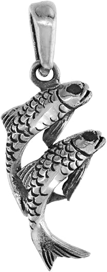 1 1/8 inch Sterling Silver Zodiac Sign Pisces Double Fish Necklace Diamond-Cut Oxidized finish available with or without chain - Pisces for men