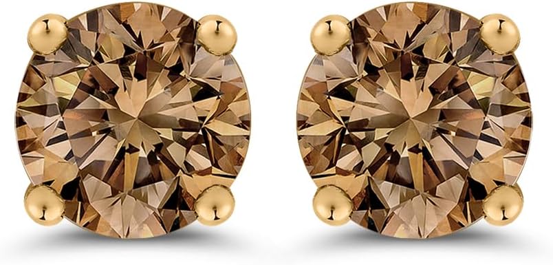 Round Brilliant Cut Brown Diamond Earring Studs in 14K Yellow Gold (1/2 cttw) - Aries Earrings for men