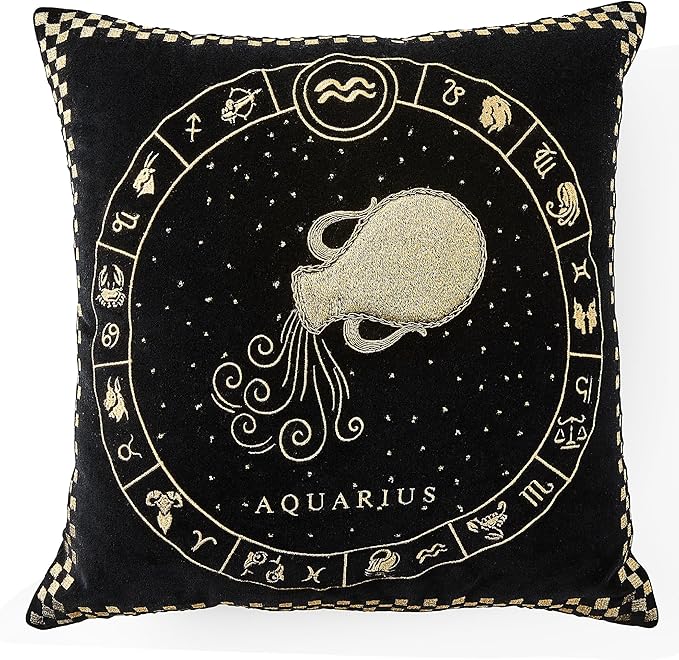 MACKENZIE-CHILDS Throw Pillow, Decorative Astrological Cotton Pillow for Living Room, 18x18, Aquarius Zodiac - Aquarius Pillow for men