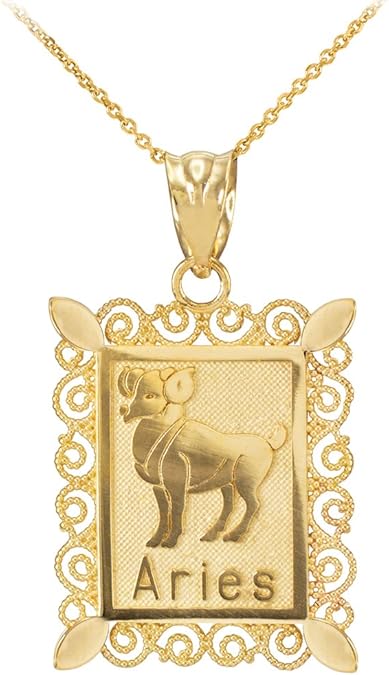 Fine 14k Yellow Gold Filigree-Style Rectangular Frame Aries Zodiac Sign Pendant Necklace - Aries Necklace for men