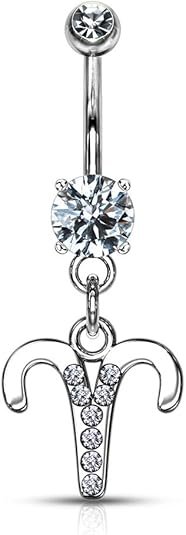 Surgical Steel CZ Jeweled Zodiac Sign Dangle Belly Button Ring - Aries Ring for men