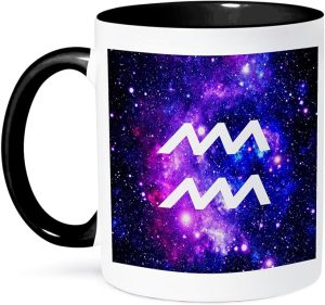 3dRose mug_202144_4 Aquarius symbol on purple space background - Aquarian horoscope sign - Two Tone Black Mug, 11oz - Aquarius Mug for men