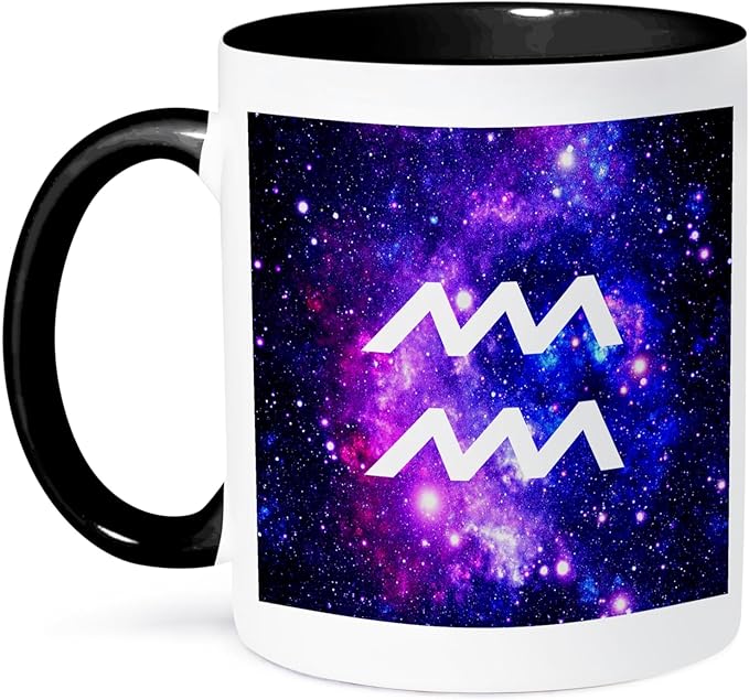 3dRose mug_202144_4 Aquarius symbol on purple space background - Aquarian horoscope sign - Two Tone Black Mug, 11oz - Aquarius Mug for men