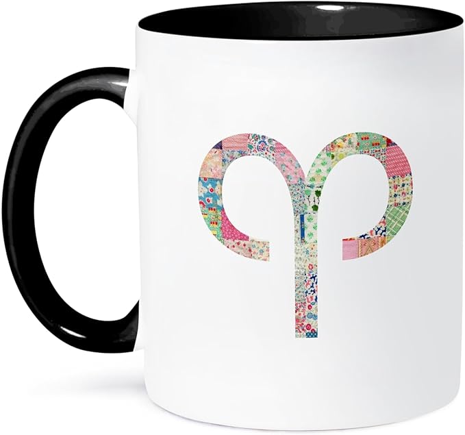 3dRose Aries symbol in colorful girly pattern - Arien horoscope zodiac sign 11oz Two-Tone Black Mug - Aries Mug for men