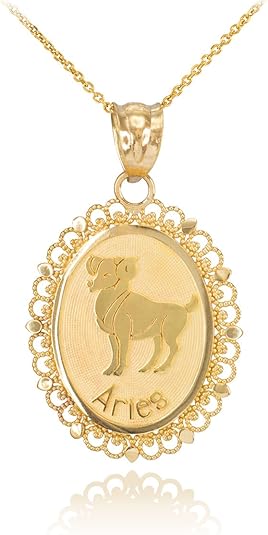 Fine 10k Yellow Gold Filigree-Style Oval Frame Aries Zodiac Sign Pendant Necklace - Aries Necklace for men