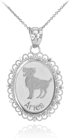 Fine 10k White Gold Filigree-Style Oval Frame Aries Zodiac Sign Pendant Necklace - Aries Necklace for men