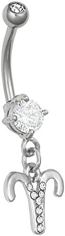14GA Stainless Steel CZ Crystal Zodiac Sign Dangling Belly Button Ring - Aries Ring for men