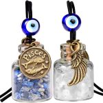 Zodiac Birthstone Car Charms for Rearview Mirror Hanging - Two Gemstone Good Luck Bottles with Evil Eye Protection Bead and Guardian Angel Wing - Pisces Car Accessories for men