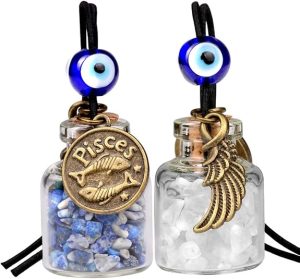 Zodiac Birthstone Car Charms for Rearview Mirror Hanging - Two Gemstone Good Luck Bottles with Evil Eye Protection Bead and Guardian Angel Wing - Pisces Car Accessories for men