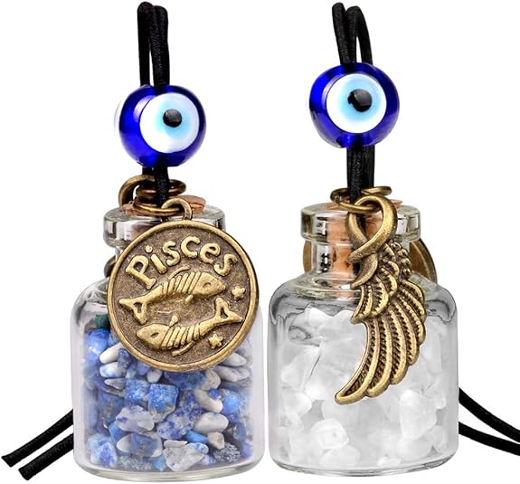Zodiac Birthstone Car Charms for Rearview Mirror Hanging - Two Gemstone Good Luck Bottles with Evil Eye Protection Bead and Guardian Angel Wing - Pisces Car Accessories for men