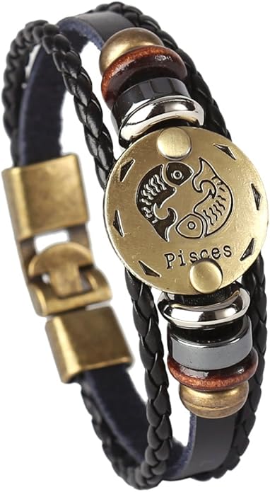 Hamoery Punk Alloy Leather Bracelet for Constellation Braided Rope Bracelet Bangle - Pisces for men