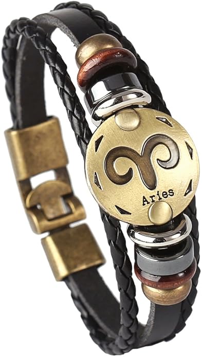 Punk Alloy Leather Bracelet for Constellation Braided Rope Bracelet Bangle - Aries Bracelet for men