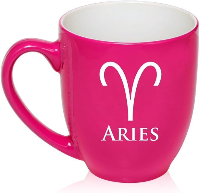 16 oz Large Bistro Mug Ceramic Coffee Tea Glass Cup Horoscope Zodiac Birth Sign Aries (Hot Pink) - Aries Mug for men