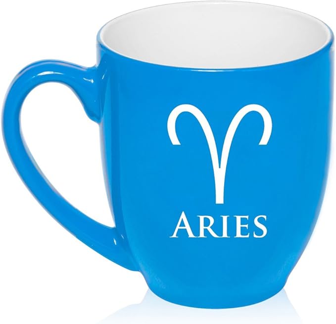 16 oz Large Bistro Mug Ceramic Coffee Tea Glass Cup Horoscope Zodiac Birth Sign Aries (Light Blue) - Aries Mug for men