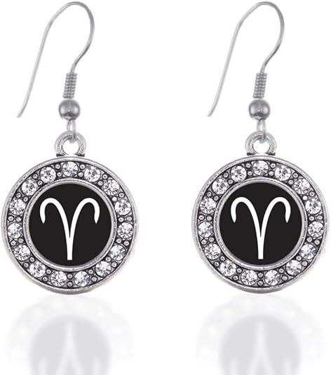 Silver Circle Charm French Hook Drop Earrings with Cubic Zirconia Jewelry - Aries Earrings for men