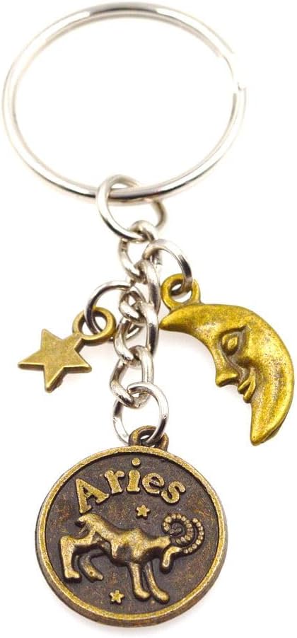 Bronze Zodiac Sign Moon & Star Keychain Horoscope Constellations Astrological 12 Signs - Aries Ring for men