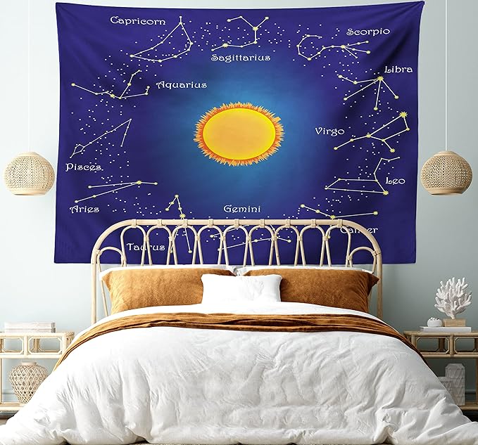 Ambesonne Astrology Tapestry, Celestial Star Chart Constellation Around Sun on The Sky Aries Sign, Wide Wall Hanging for Bedroom Living Room Dorm, 60" X 40", Blue Orange - Aries Blanket for men