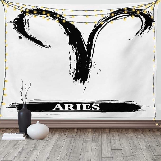 Ambesonne Astrology Decorations Tapestry, Aries Astrology Sign with Artsy Grunge Illustration Elements Character Venus, Bedroom Wall Hanging for Living Room Dorm, 80" X 60", White Black - Aries Blanket for men