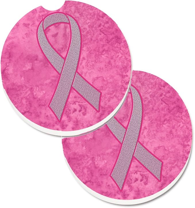 Caroline's Treasures AN1205CARC Pink Ribbon for Breast Cancer Awareness Set of 2 Cup Holder Car Coasters Absorbent Sandstone Coasters for Car Cup Holders Gifts for Men or Women, Large, Multicolor - Cancer Car Accessories for men