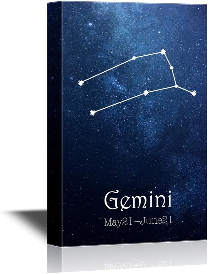 wall26 - 12 Zodiac Signs Constellation Canvas Wall Art - Gemini - Gallery Wrap Modern Home Art | Ready to Hang - 24x36 inches - Gemini Canvas for men