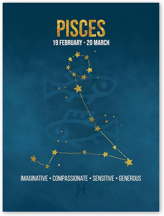 Wee Blue Coo Zodiac Star Sign Birthday Astrology Blue Pisces Unframed Wall Art Print Poster Home Decor Premium - Pisces Home Decor for men
