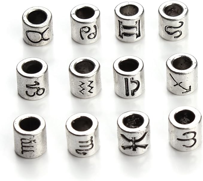 Linsoir beads 60 Pcs Antique Silver Tone Zodiac Beads Charm 4mm Hole Horoscope Beads Fit European Bracelet - Aries Necklace for men
