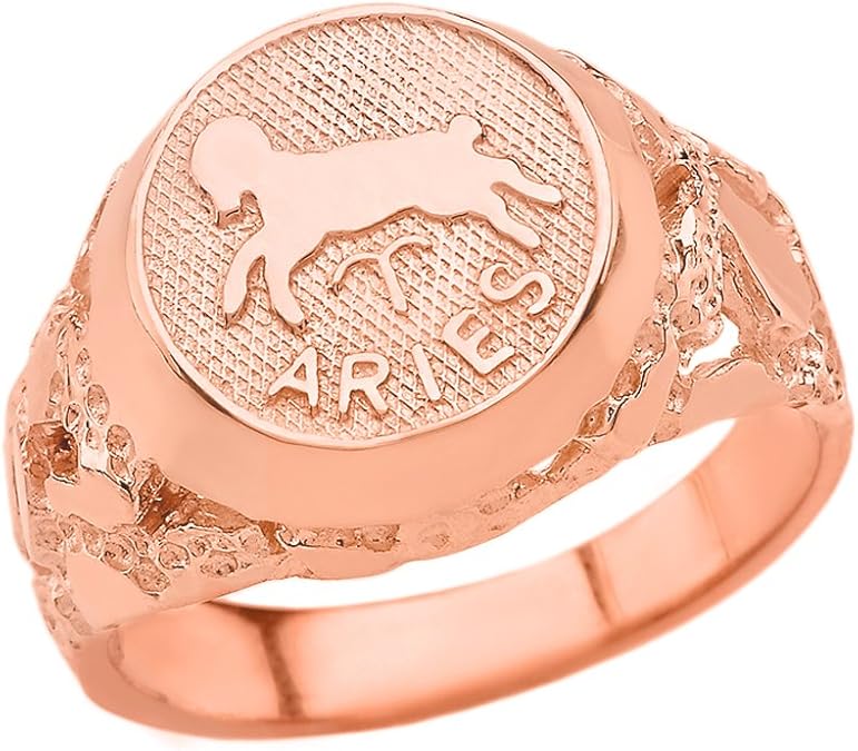 Solid 10k Rose Gold Aries Zodiac Sign Band Nugget Men's Ring - Aries Ring for men