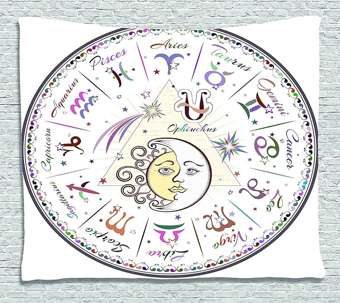 Ambesonne Zodiac Decor Tapestry, Western Chart with All Signs Aries Virgo Leo Taurus Libra Mystique Fate Calendar, Wall Hanging for Bedroom Living Room Dorm, 60" X 40", Multi - Aries Blanket for men
