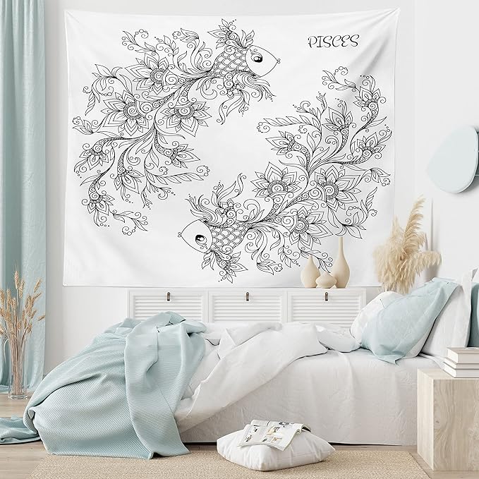 Ambesonne Zodiac Tapestry, Floral Images Pisces Sign Fish House of the Water Element Sensitivity Planet Sign, Wide Wall Hanging for Bedroom Living Room Dorm, 60" X 40", Black White - Pisces Home Decor for men