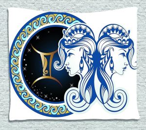 Ambesonne Zodiac Tapestry, Gemini Motif Women Future Celestial Information Cosmos Theme Constellation, Wide Wall Hanging for Bedroom Living Room Dorm, 60" X 40", Night Blue Yellow - Gemini Blanket for men