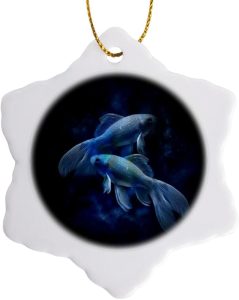 3 inch Snowflake Porcelain Ornament - Image of Blue Pisces Sign for February and March Zodiac Signs - Pisces Home Decor for men