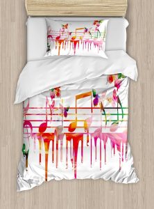 Ambesonne Music Duvet Cover Set, Colorful Artwork Music Notes Clef Signs Composer Orchestra with Classical Design, Decorative 2 Piece Bedding Set with 1 Pillow Sham, Twin Size, Orange Pink - Gemini Blanket for men