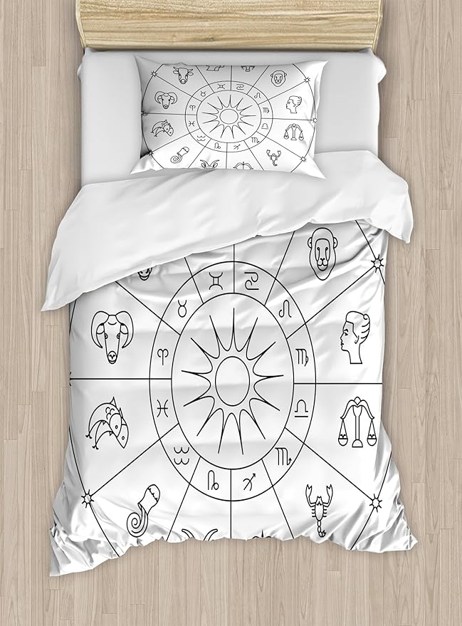 Ambesonne Astrology Duvet Cover Set, Sketchy Zodiacal Circle with Astrology Signs Aries Aquarius Pisces Lion Art, Decorative 2 Piece Bedding Set with 1 Pillow Sham, Twin Size, Black and White - Aries Pillow for men