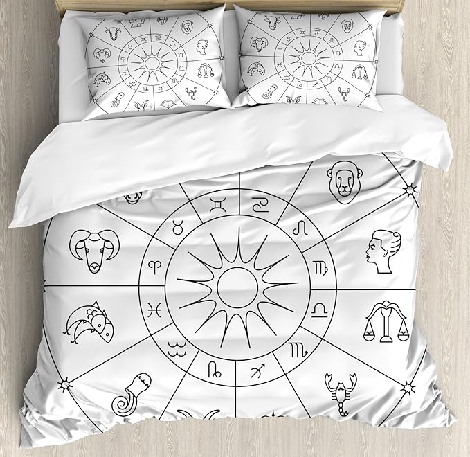 Ambesonne Astrology Duvet Cover Set, Sketchy Zodiacal Circle with Astrology Signs Aries Aquarius Pisces Lion Art, Decorative 3 Piece Bedding Set with 2 Pillow Shams, Queen Size, Black and White - Aries Pillow for men