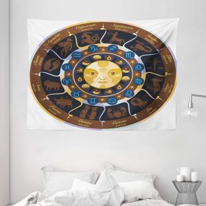 Ambesonne Astrology Tapestry, Aries Taurus Gemini Cancer Leo Virgo Libra Scorpio Horoscope Signs, Wall Hanging for Bedroom Living Room Dorm, 80" X 60", Brown Yellow and Blue - Gemini Blanket for men