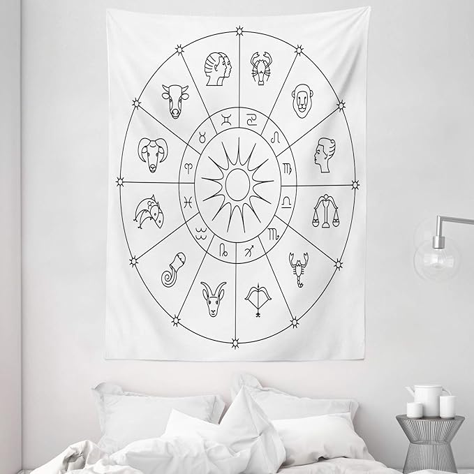 Ambesonne Astrology Tapestry, Sketchy Zodiacal Circle with Astrology Signs Aries Aquarius Pisces Lion Art, Wall Hanging for Bedroom Living Room Dorm Decor, 60" X 80", Black and White - Aries Blanket for men