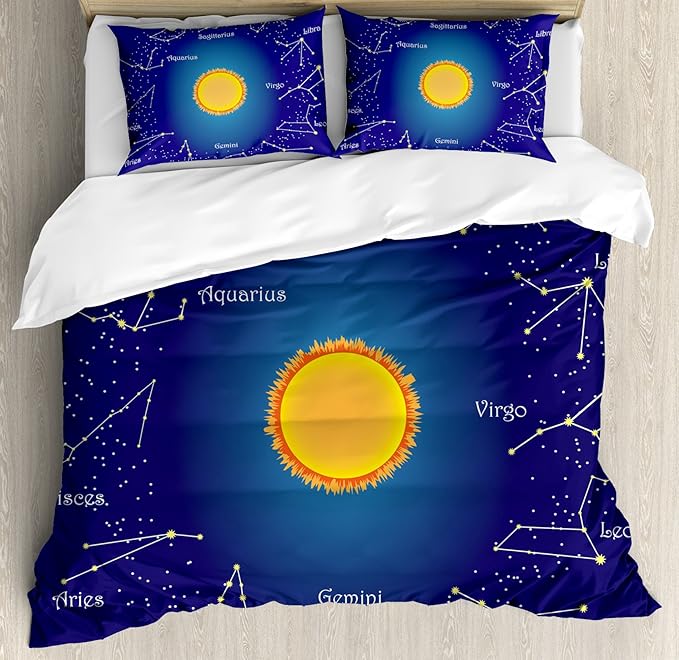 Ambesonne Astrology Duvet Cover Set, Celestial Star Chart Constellation Around Sun on The Sky Aries Sign, Decorative 3 Piece Bedding Set with 2 Pillow Shams, King Size, Dark Blue Orange - Aries Pillow for men