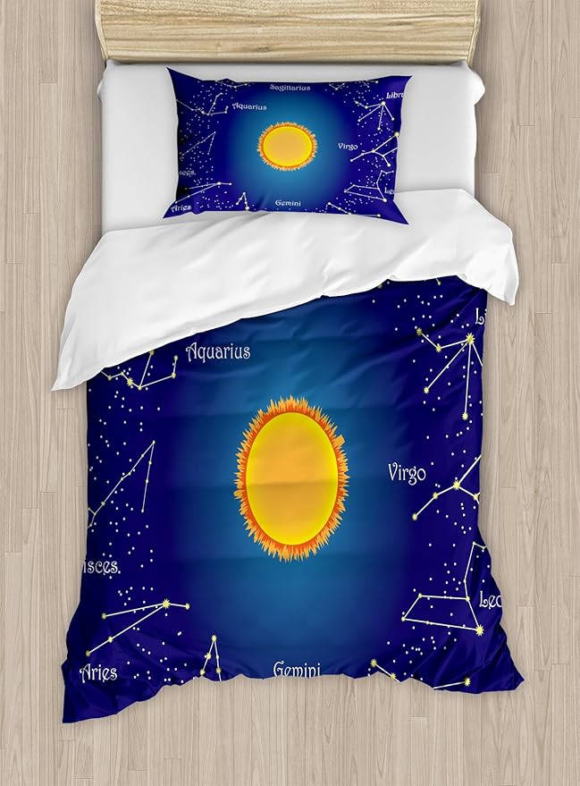 Ambesonne Astrology Duvet Cover Set, Celestial Star Chart Constellation Around Sun on The Sky Aries Sign, Decorative 2 Piece Bedding Set with 1 Pillow Sham, Twin Size, Dark Blue Orange - Aries Pillow for men