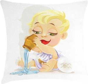 Ambesonne Astrology Throw Pillow Cushion Cover, Aquarius Zodiac Playing Water and Bowl Joy Magic Saturn Planet Stars, Decorative Square Accent Pillow Case, 18" X 18", Cream Yellow - Aquarius Pillow for men