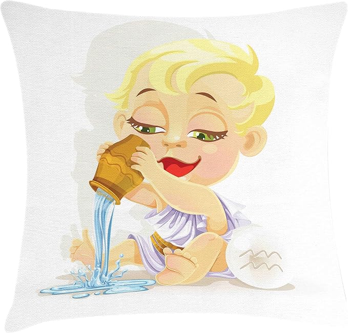 Ambesonne Astrology Throw Pillow Cushion Cover, Aquarius Zodiac Playing Water and Bowl Joy Magic Saturn Planet Stars, Decorative Square Accent Pillow Case, 20" X 20", Cream Yellow - Aquarius Pillow for men