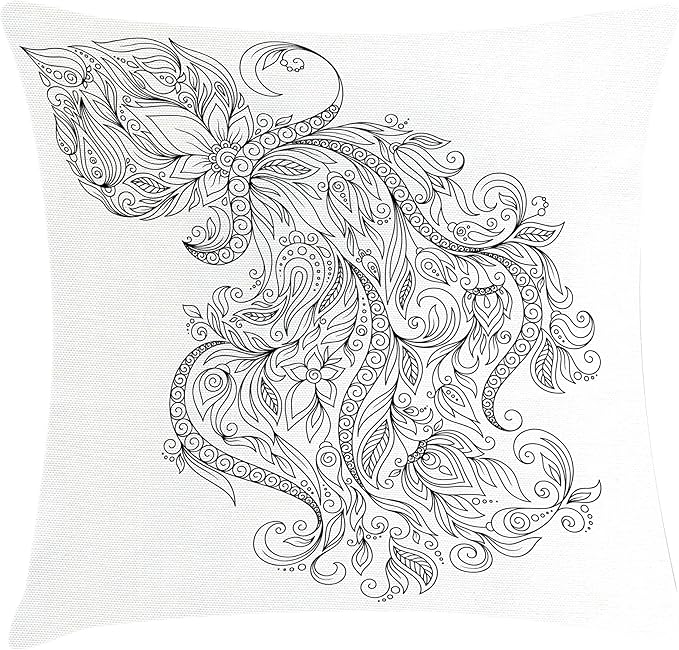 Ambesonne Zodiac Throw Pillow Cushion Cover, Swirling Curved Flowers and Bouquet with Zodiac Sign Aquarius Month Design, Decorative Square Accent Pillow Case, 18" X 18", Black White - Aquarius Pillow for men