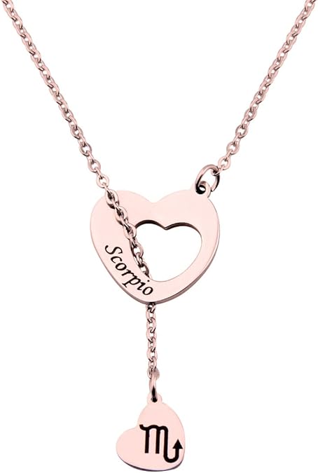 ENSIANTH Rose Gold Zodiac Signs Heart Necklace Stainless Steel Lariat Y Necklace Best Birthday Gift - Scorpio Products for men