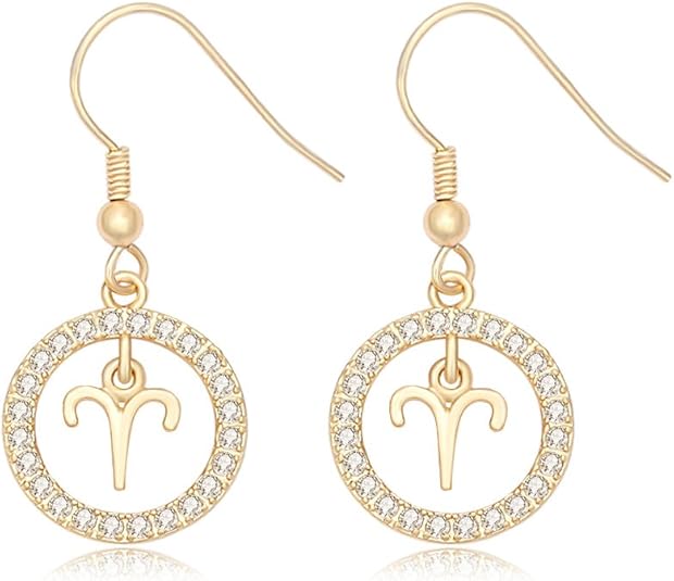 Gold Plated Star Sign Rhinestone Crystal Dangle Drop Earrings 12 Constellations Zodiac Horoscope Astrology Disc Jewelry Accessories - Aries Earrings for men