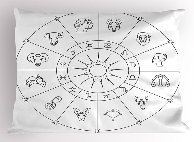 Ambesonne Astrology Pillow Sham, Sketchy Zodiacal Circle with Astrology Signs Aries Aquarius Pisces Lion Art, Decorative Standard King Size Printed Pillowcase, 36" X 20", Black and White - Aries Pillow for men
