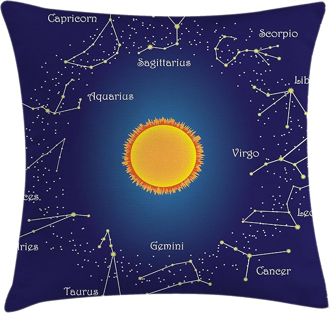 Ambesonne Astrology Throw Pillow Cushion Cover, Celestial Star Chart Constellation Around Sun on The Sky Aries Sign, Decorative Square Accent Pillow Case, 16" X 16", Dark Blue Orange - Aries Car Seat Cover for men