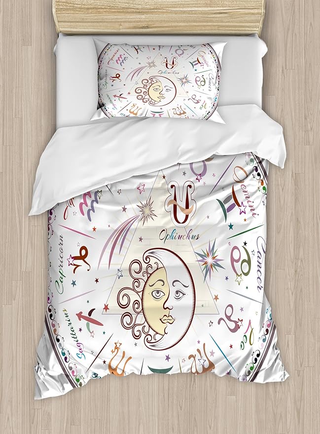 Ambesonne Zodiac Duvet Cover Set, Western Chart with All Signs Aries Virgo Leo Taurus Libra Mystique Fate Calendar, Decorative 2 Piece Bedding Set with 1 Pillow Sham, Twin Size, Multicolor - Aries Pillow for men