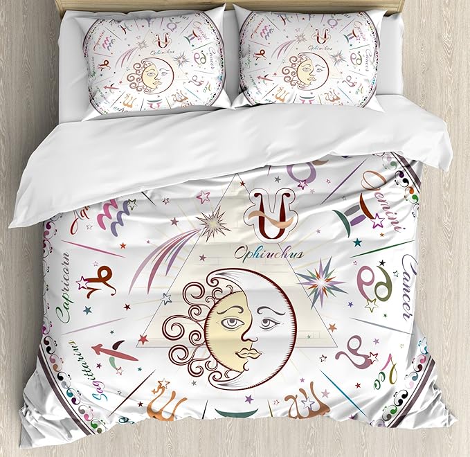 Ambesonne Zodiac Duvet Cover Set, Western Chart with All Signs Aries Virgo Leo Taurus Libra Mystique Fate Calendar, Decorative 3 Piece Bedding Set with 2 Pillow Shams, Queen Size, Multicolor - Aries Pillow for men