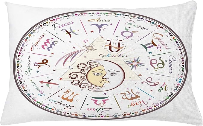 Ambesonne Zodiac Throw Pillow Cushion Cover, Western Chart with All Signs Aries Virgo Leo Taurus Libra Mystique Fate Calendar, Decorative Rectangle Accent Pillow Case, 26" X 16", Pastel Pink - Aries Pillow for men