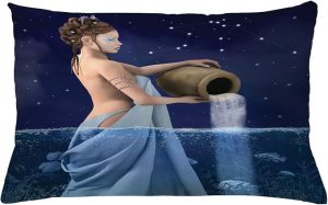Ambesonne Astrology Throw Pillow Cushion Cover, Aquarius Lady with Pail in The Sea Water Signs Saturn Mystry at Night Stars, Decorative Rectangle Accent Pillow Case, 26" X 16", Blue Dark Blue - Aquarius Pillow for men