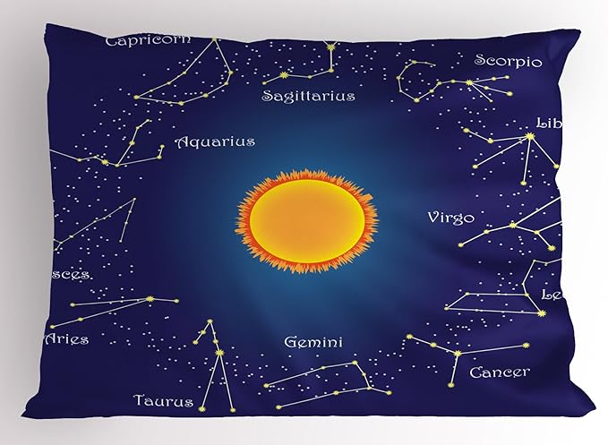 Ambesonne Astrology Pillow Sham, Celestial Star Chart Constellation Around Sun on The Sky Aries Sign, Decorative Standard Queen Size Printed Pillowcase, 30" X 20", Dark Blue Orange - Aries Pillow for men